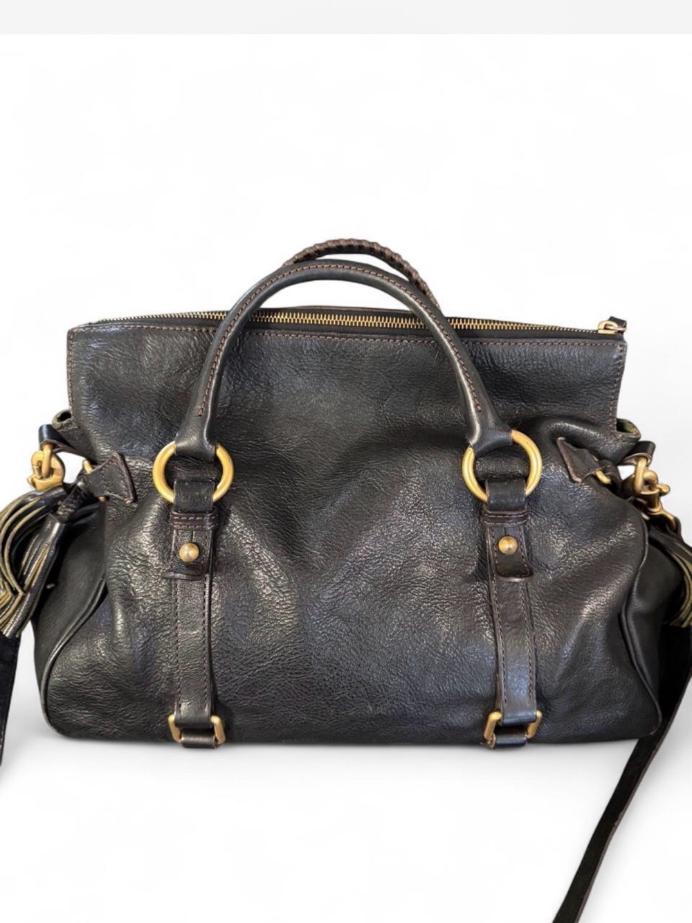 Dooney & Bourke Florentine Black Leather Satchel with Gold Hardware - Picture 2 of 14